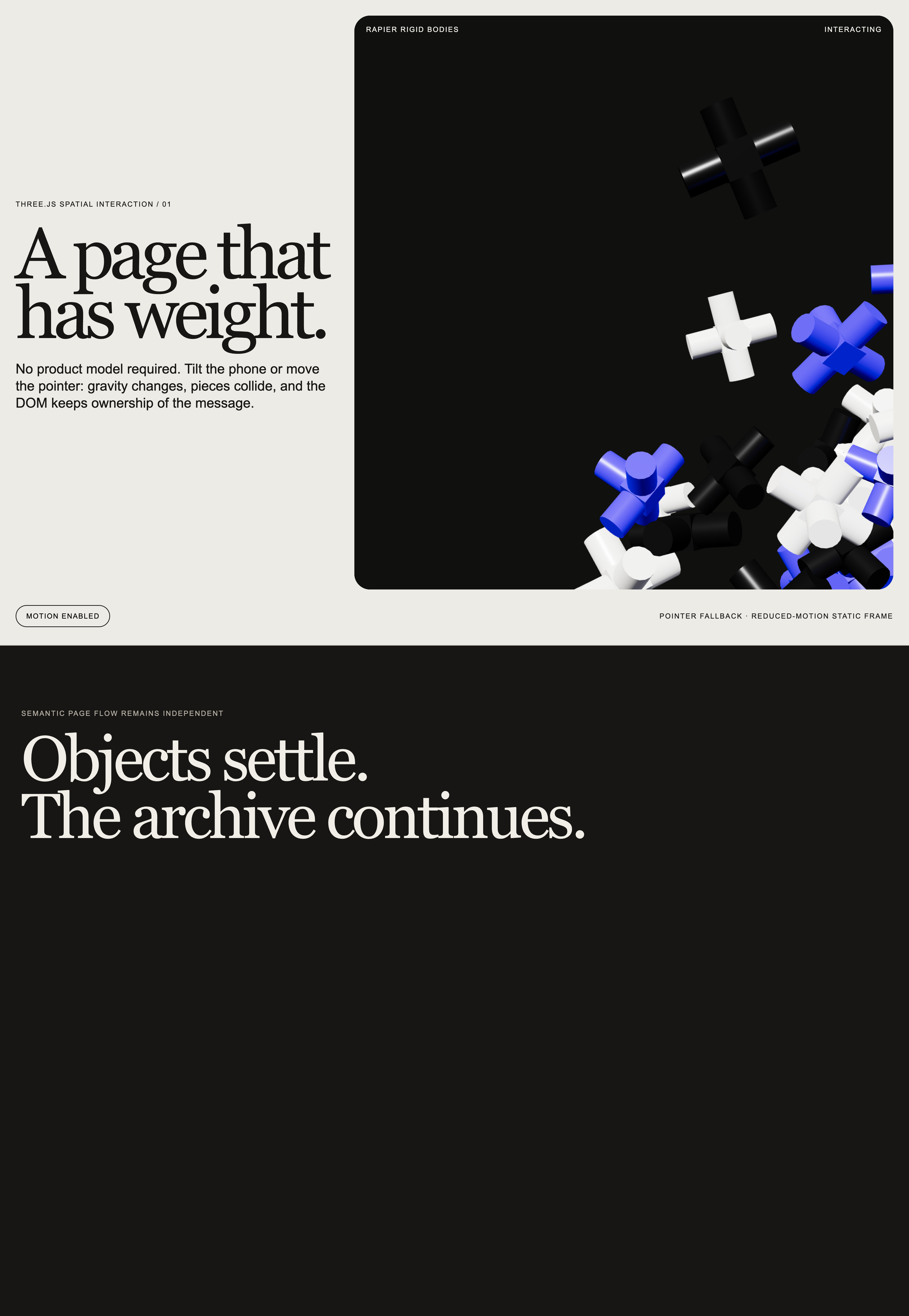 Three.js and Rapier spatial physics hero